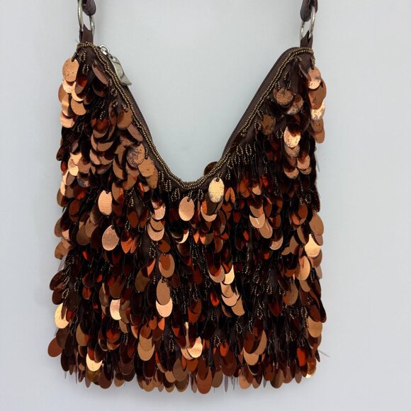 Bronze Sequin Beaded 40's Shimmery Purse Shoulder Zipper 10x9" - Picture 3 of 5